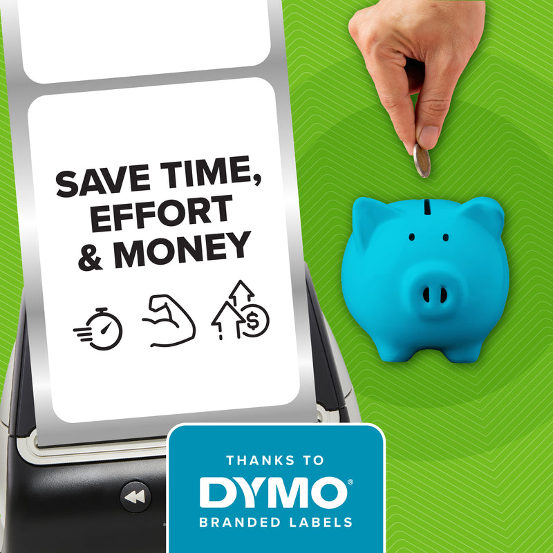 LabelWriter label roll beside a piggy bank showing time and cost savings