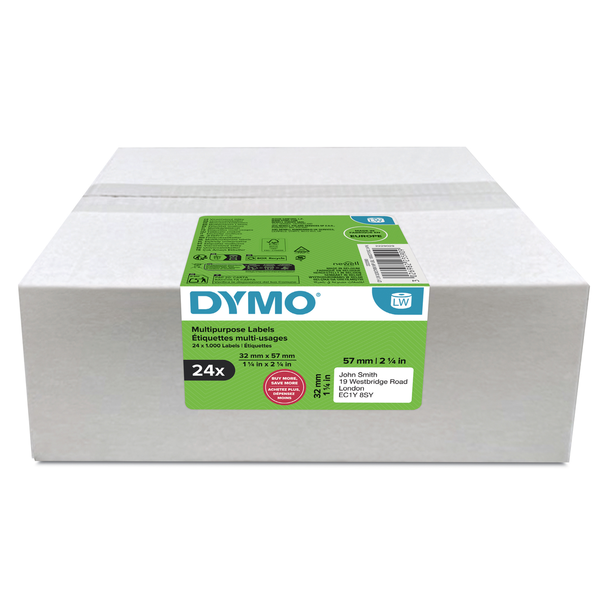 Dymo LabelWriter Multi Purpose Labels 57 x 32mm carton of 24 rolls, white box with green Dymo panel