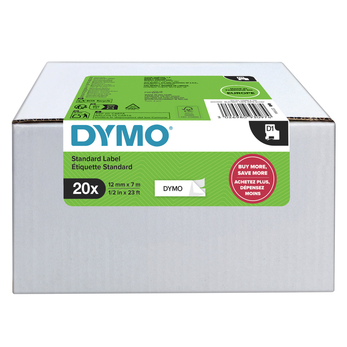 Dymo D1 2231632 bulk carton of 20 black on white 12mm label tape cassettes