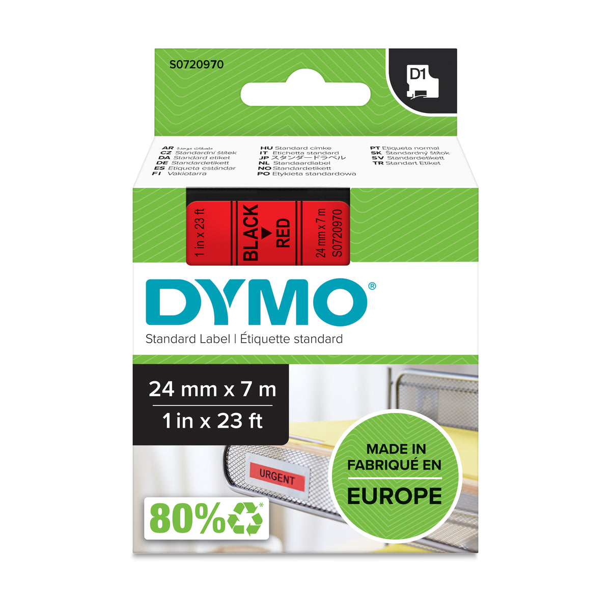Dymo D1 S0720970 24mm x 7m black on red label tape in retail packaging