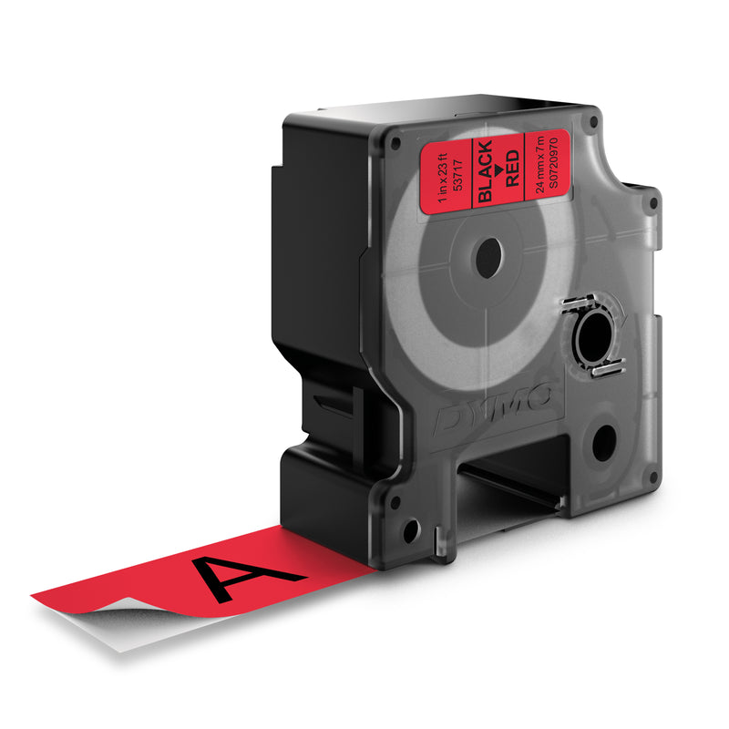 Dymo D1 24mm cassette with black print on red tape feeding out