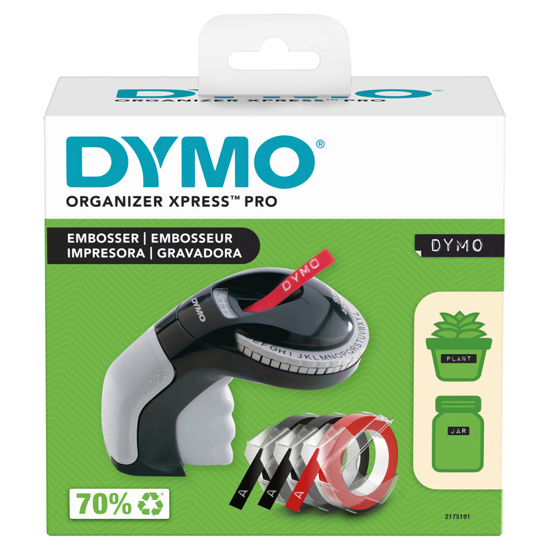 Dymo Organiser Xpress Pro embossing label maker box showing the machine and coloured tapes