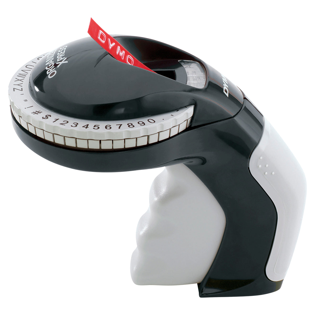 Dymo Organiser Xpress Pro embosser in black and grey with red tape loaded