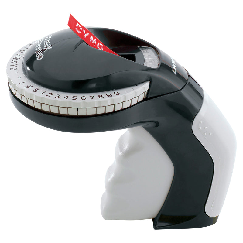 Dymo Organiser Xpress Pro embosser in black and grey with red tape loaded