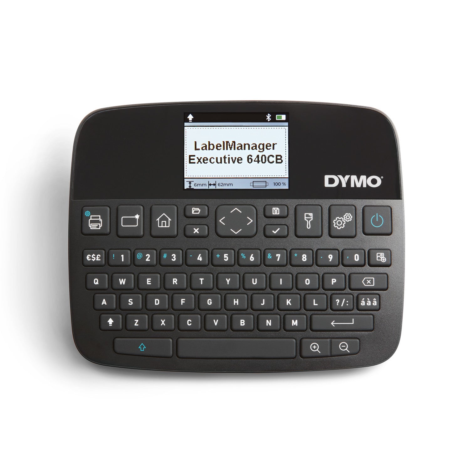 Top view of Dymo LabelManager Executive 640CB showing full QWERTY keyboard and colour display screen