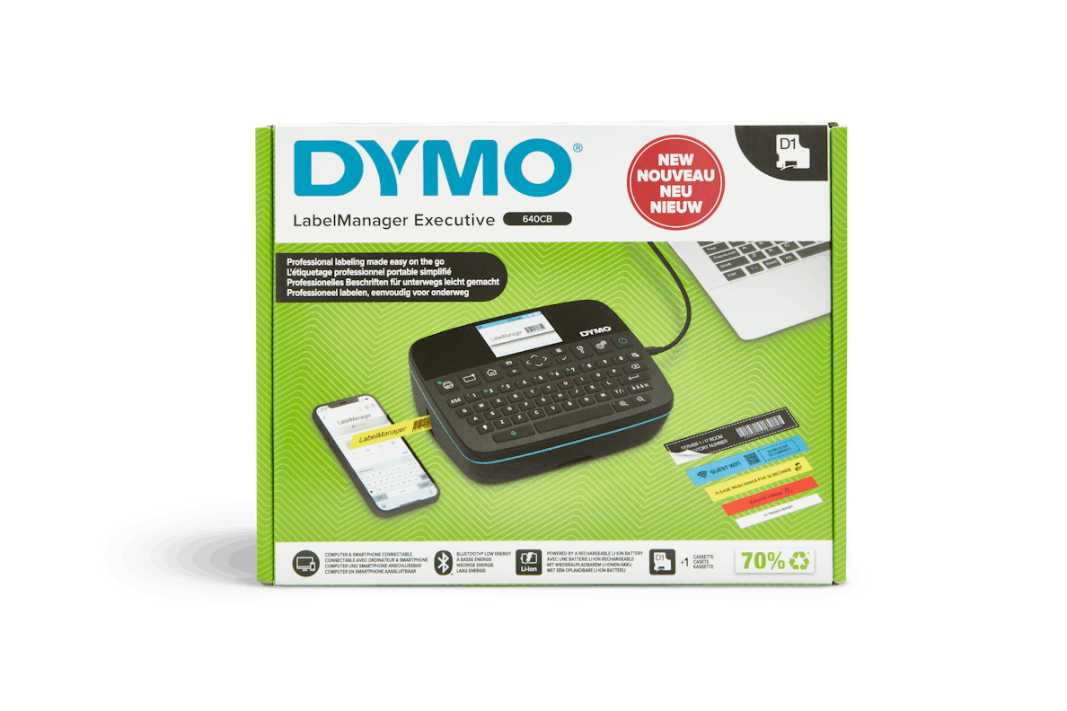 Dymo LabelManager Executive 640CB retail packaging box showing label maker cassette and accessories