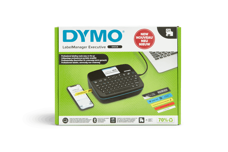 Dymo LabelManager Executive 640CB retail packaging box showing label maker cassette and accessories