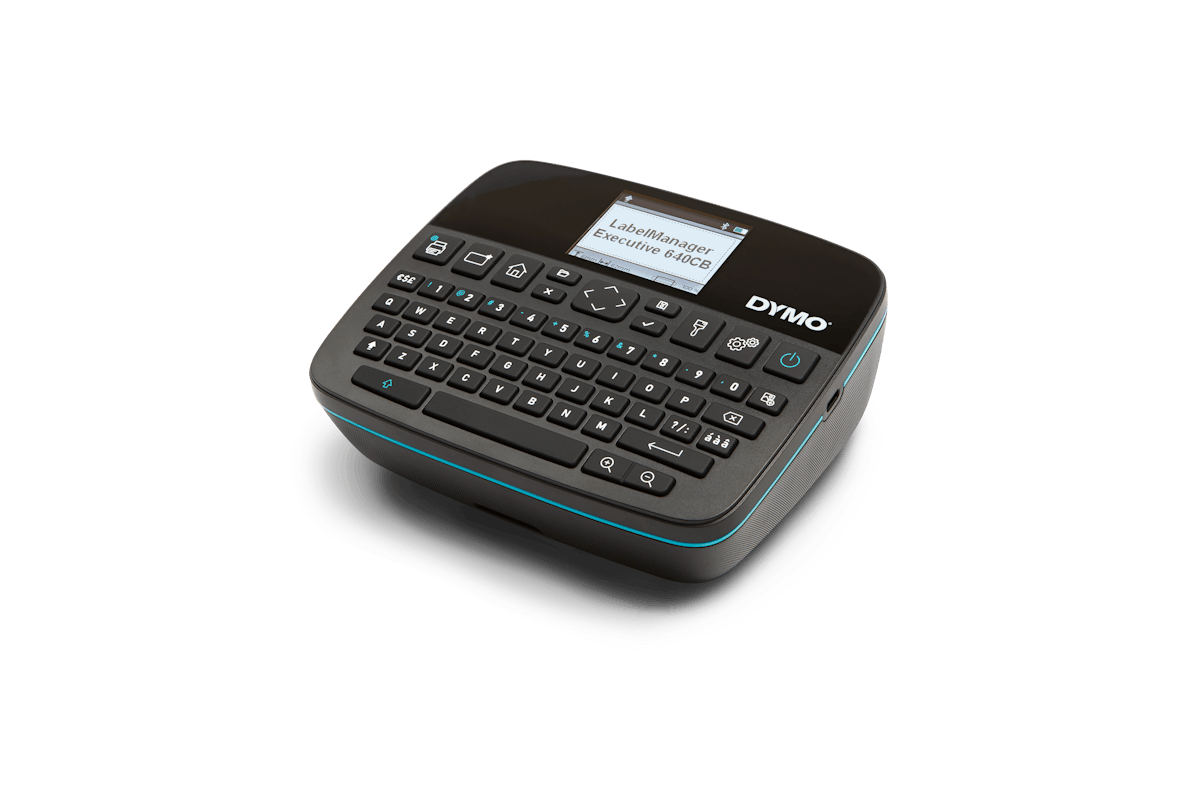 Top view of Dymo LabelManager Executive 640CB showing full QWERTY keyboard and large colour display screen