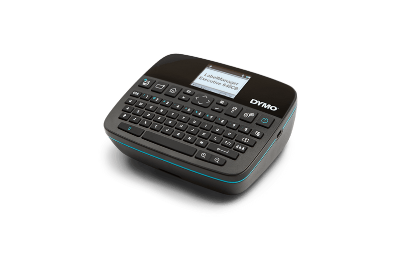 Top view of Dymo LabelManager Executive 640CB showing full QWERTY keyboard and large colour display screen