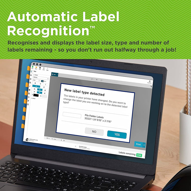 Dymo graphic panel headed Automatic Label Recognition, with a laptop showing a New label type detected message beside the printer.