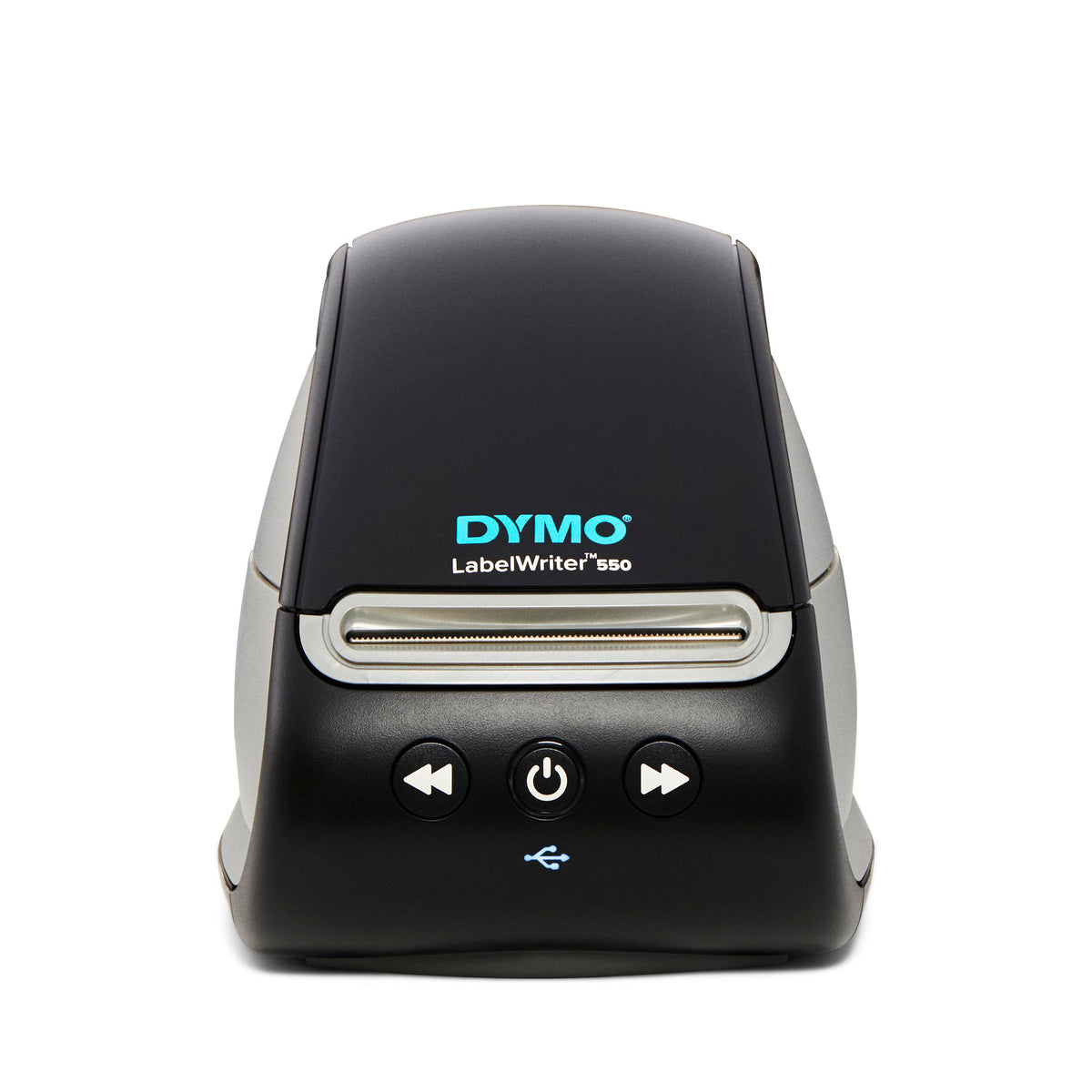 Dymo LabelWriter 550 printer viewed straight on, black front panel with the Dymo logo, label slot and the reverse feed, power and forward feed buttons.