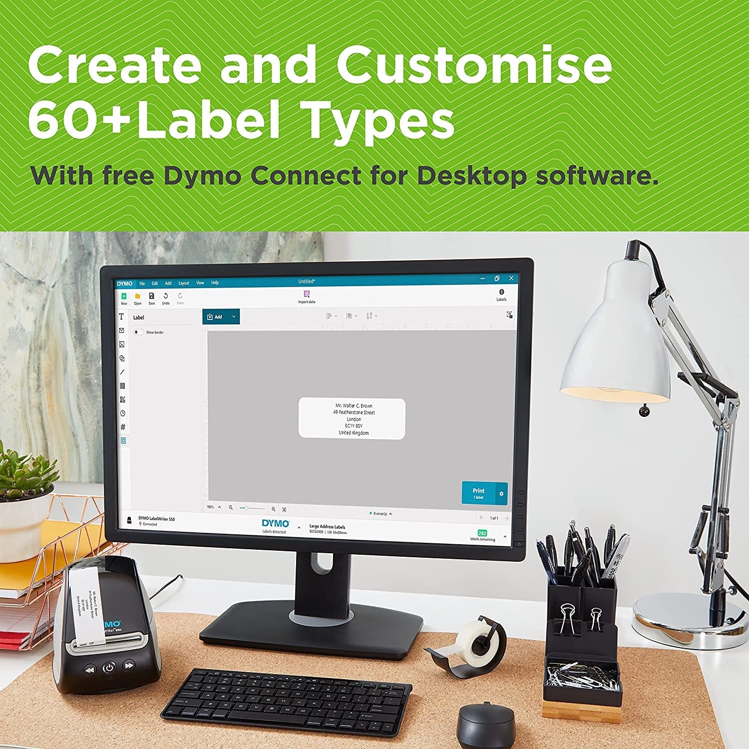 Dymo graphic panel headed Create and Customise 60 plus Label Types with free Dymo Connect for Desktop software, showing a monitor and printer on a desk.