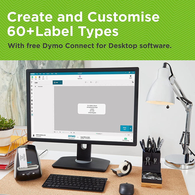 Dymo graphic panel headed Create and Customise 60 plus Label Types with free Dymo Connect for Desktop software, showing a monitor and printer on a desk.