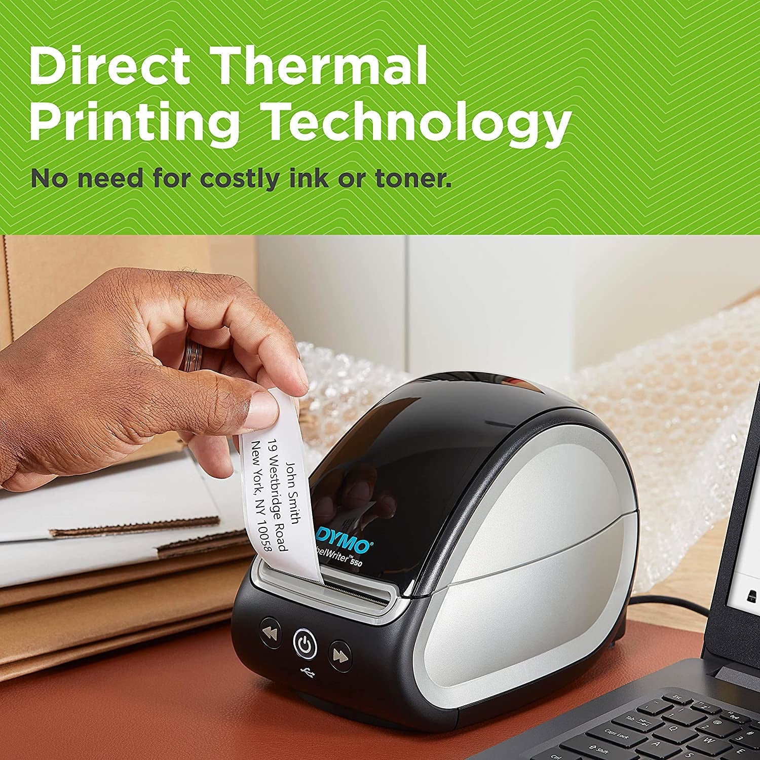 Dymo graphic panel headed Direct Thermal Printing Technology, no need for costly ink or toner, with a hand lifting a label from the printer.