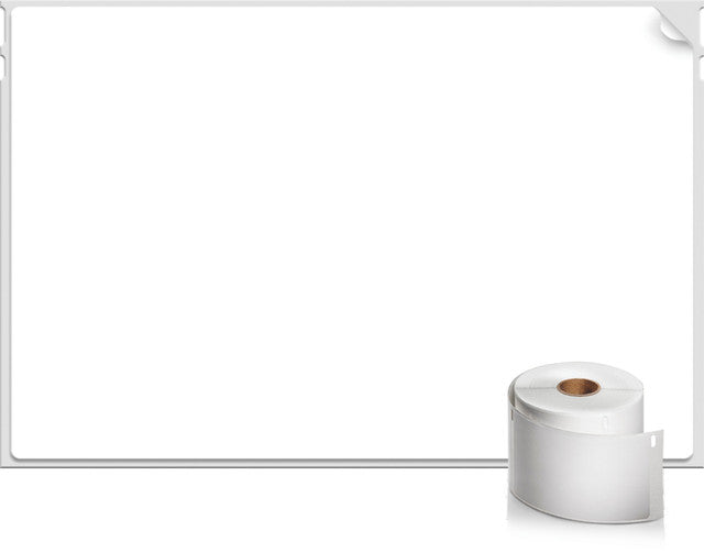 Single blank white Dymo extra large shipping label shown flat with a roll of the 104 x 159mm labels standing beside it on a white background.
