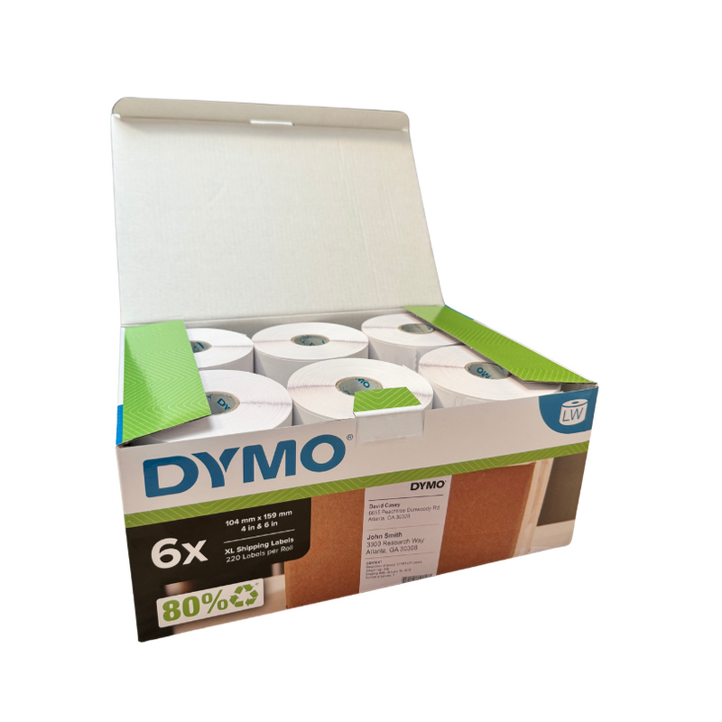 Open Dymo box showing six white rolls of 104 x 159mm extra large shipping labels standing on end, with the 6x XL Shipping Labels panel on the front.