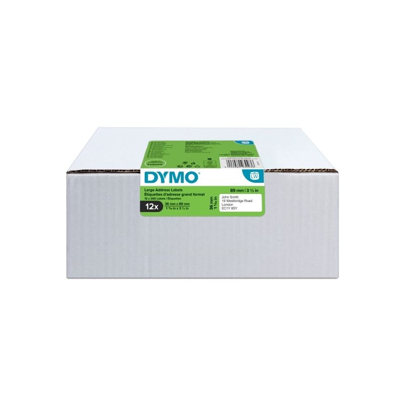 Dymo LabelWriter Large Address Labels 12-roll carton shown straight on, a white box with the green Dymo label panel showing the 12x roll count, the 36 mm x 89 mm size and a sample address