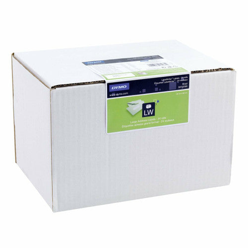 Dymo large address labels carton photographed from an angle on white, showing the green Dymo LW panel on the front and the plain white sides of the 24 roll box.