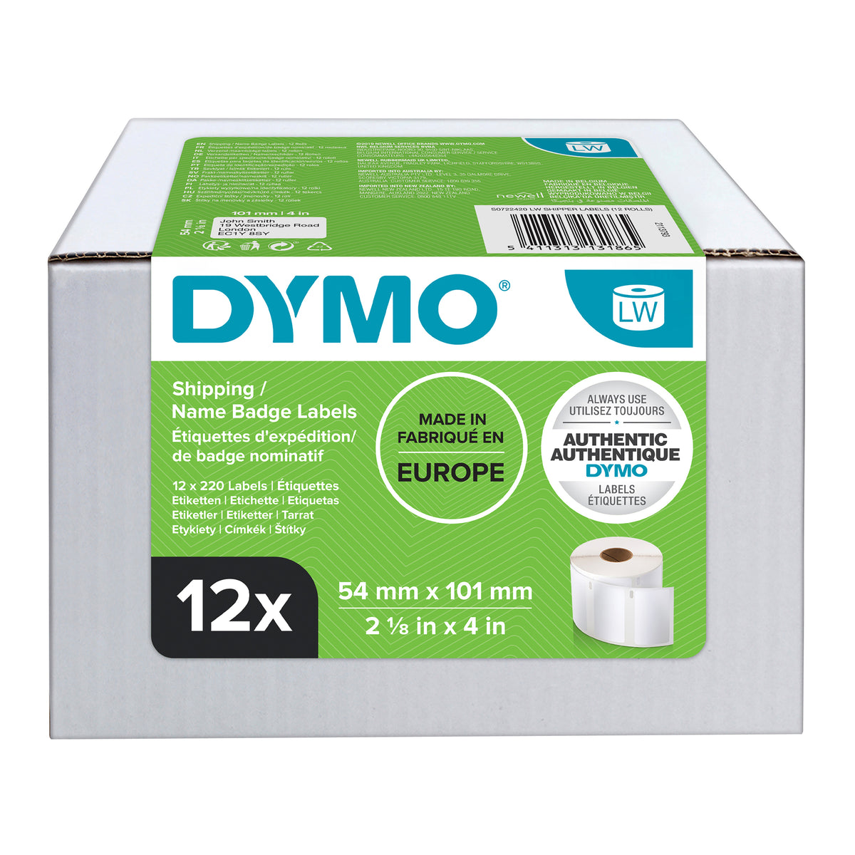 Dymo LabelWriter shipping and name badge labels carton, white box with a green Dymo panel reading 12 x 220 Labels, 54 mm x 101 mm, Made in Europe, Authentic Dymo, on a white background.