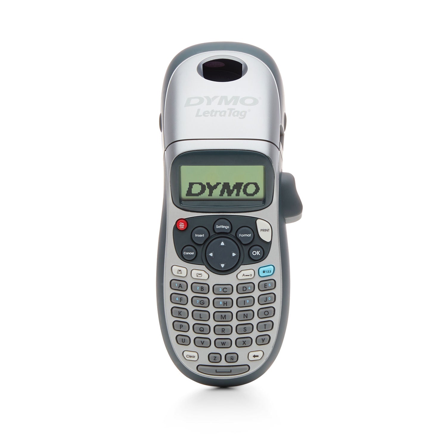 Silver Dymo LetraTag 100H+ handheld label maker shown front on, with a black ABC keyboard, round navigation pad and a rectangular LCD display above the keys.