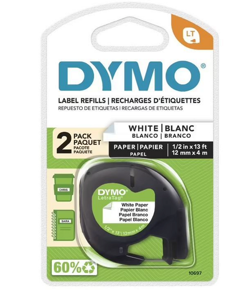 Dymo LetraTag paper label tape 12mm x 4m black on white twin pack of 2 rolls for LetraTag label makers