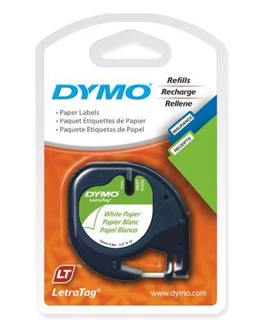 Two rolls of Dymo LetraTag white paper label tape compatible with LT-100H and LT-100T label makers