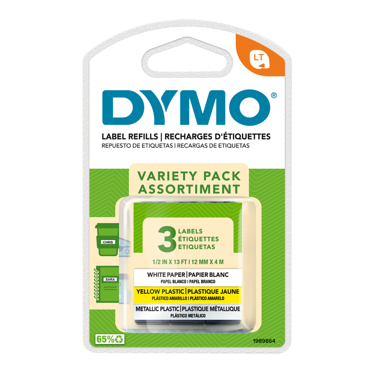 Dymo LetraTag tape variety pack with three 12mm rolls in retail packaging