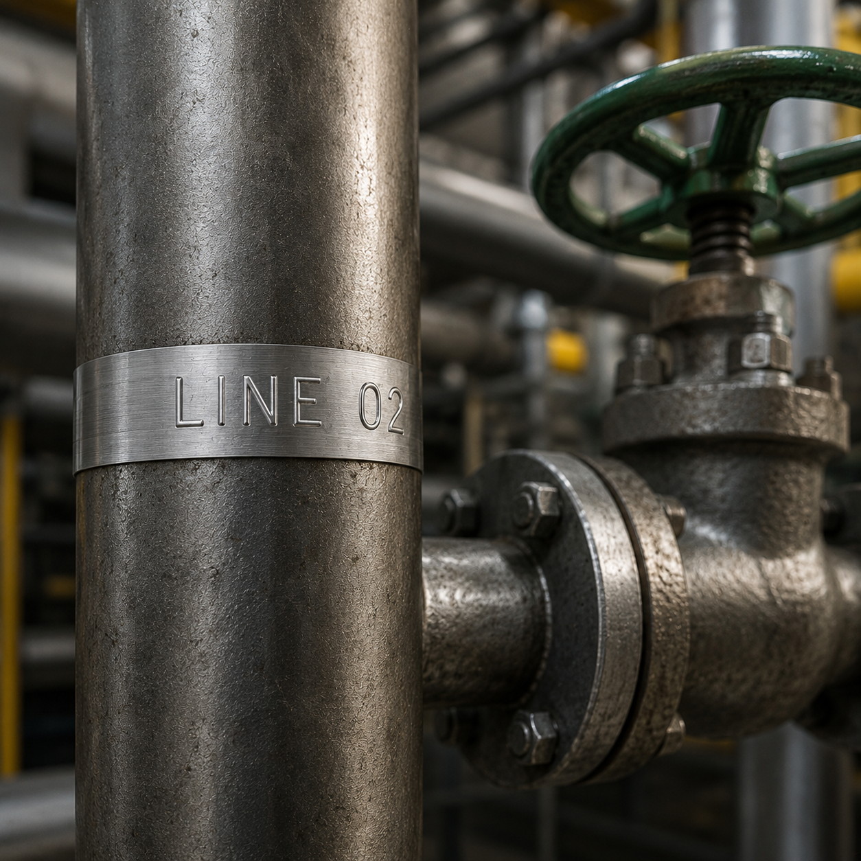 Metal pipe with valve and 'LINE 02' label in an industrial setting