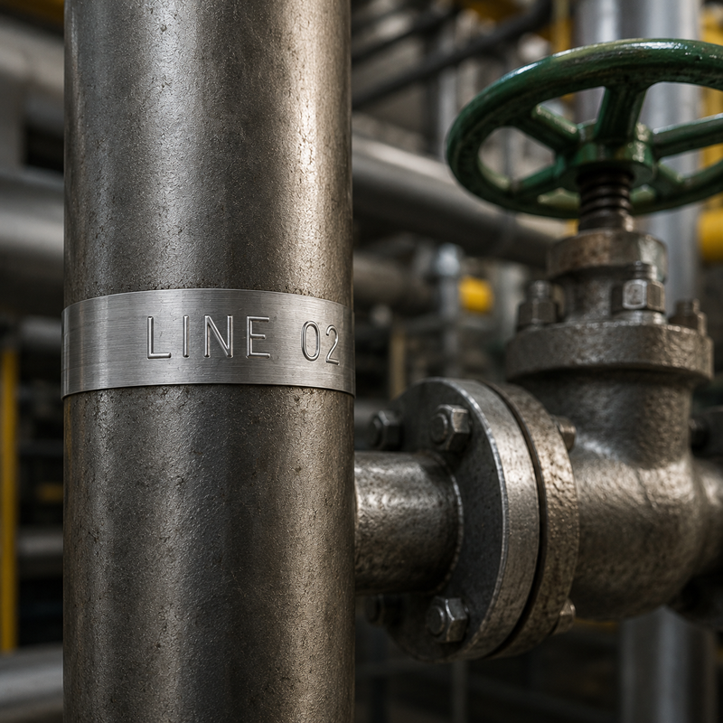 Metal pipe with valve and 'LINE 02' label in an industrial setting