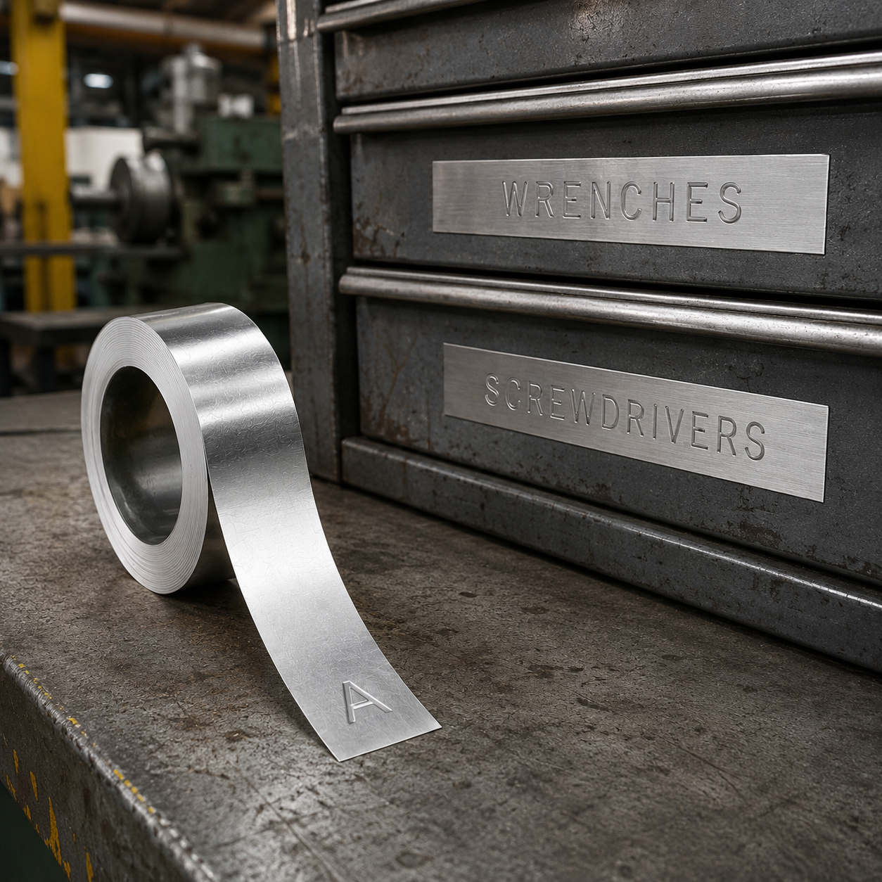 Metallic tape with a letter 'A' on a metallic surface with tool chest in background