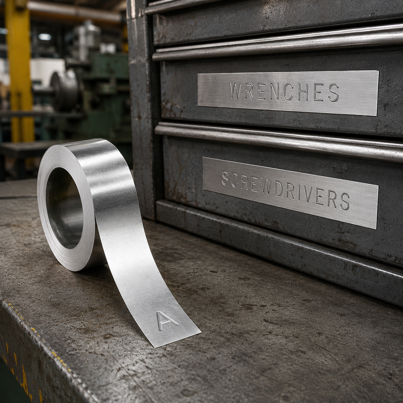 Metallic tape with a letter 'A' on a metallic surface with tool chest in background