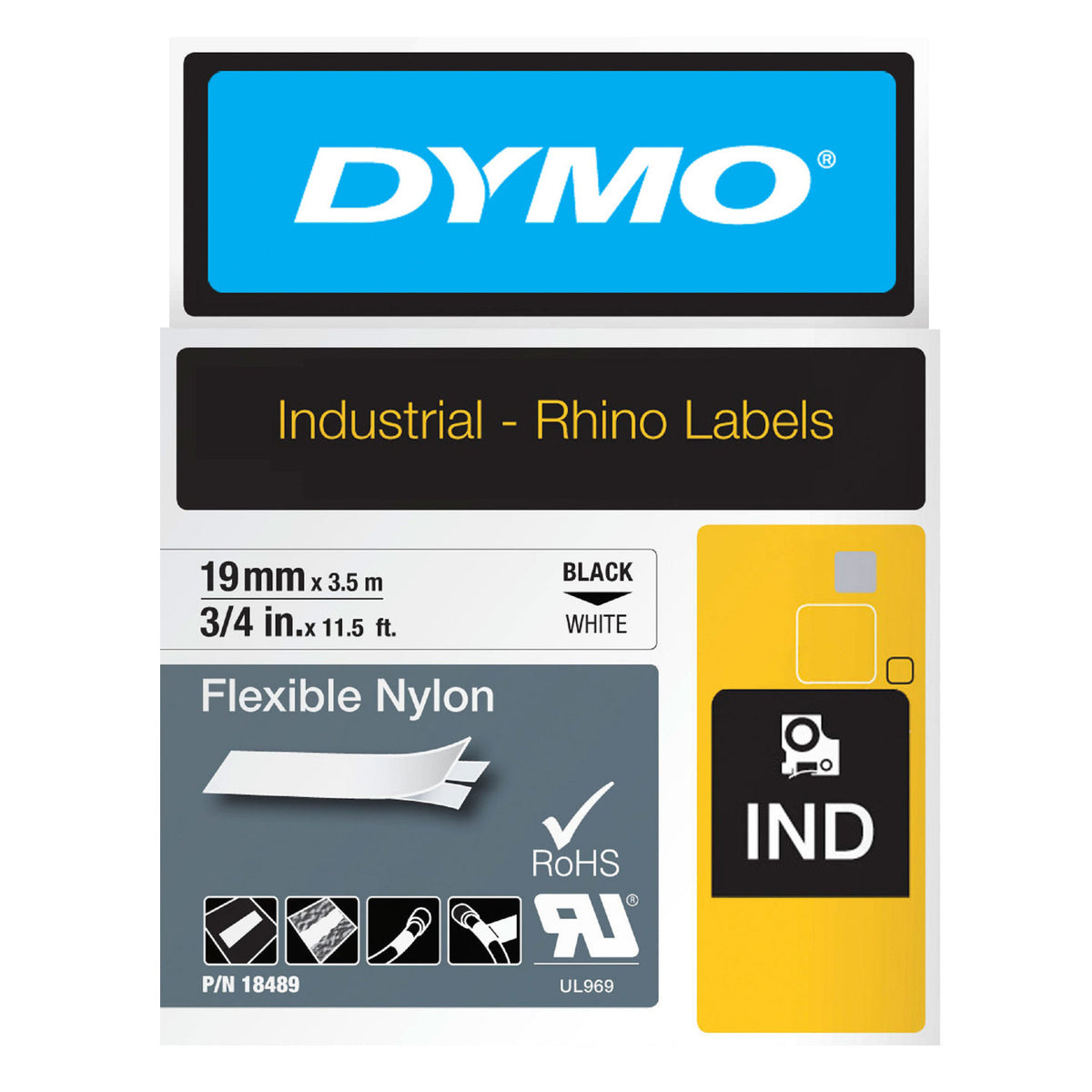 Dymo Rhino Industrial Labels blister pack for 19mm x 3.5m black on white flexible nylon tape, with the IND badge, RoHS tick, UL 969 mark and part number 18489.