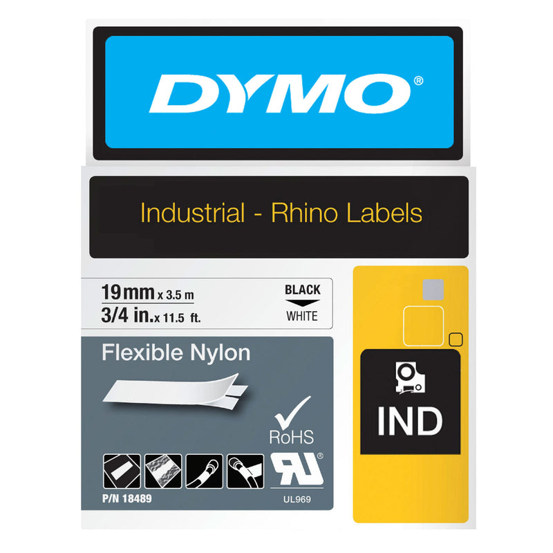 Dymo Rhino Industrial Labels blister pack for 19mm x 3.5m black on white flexible nylon tape, with the IND badge, RoHS tick, UL 969 mark and part number 18489.