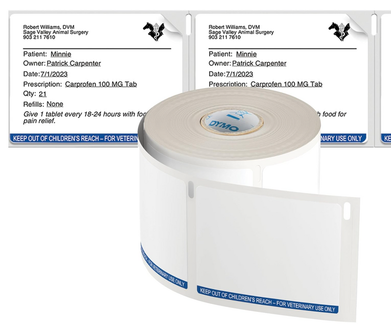 Dymo veterinary label roll showing individual 70 x 54mm labels separated by perforations with a clean printed layout.
