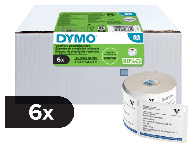 Dymo veterinary drug labels six roll pack beside its packaging box, showing white 70 x 54mm pre-printed labels and the 80 percent recycled content mark on the carton.