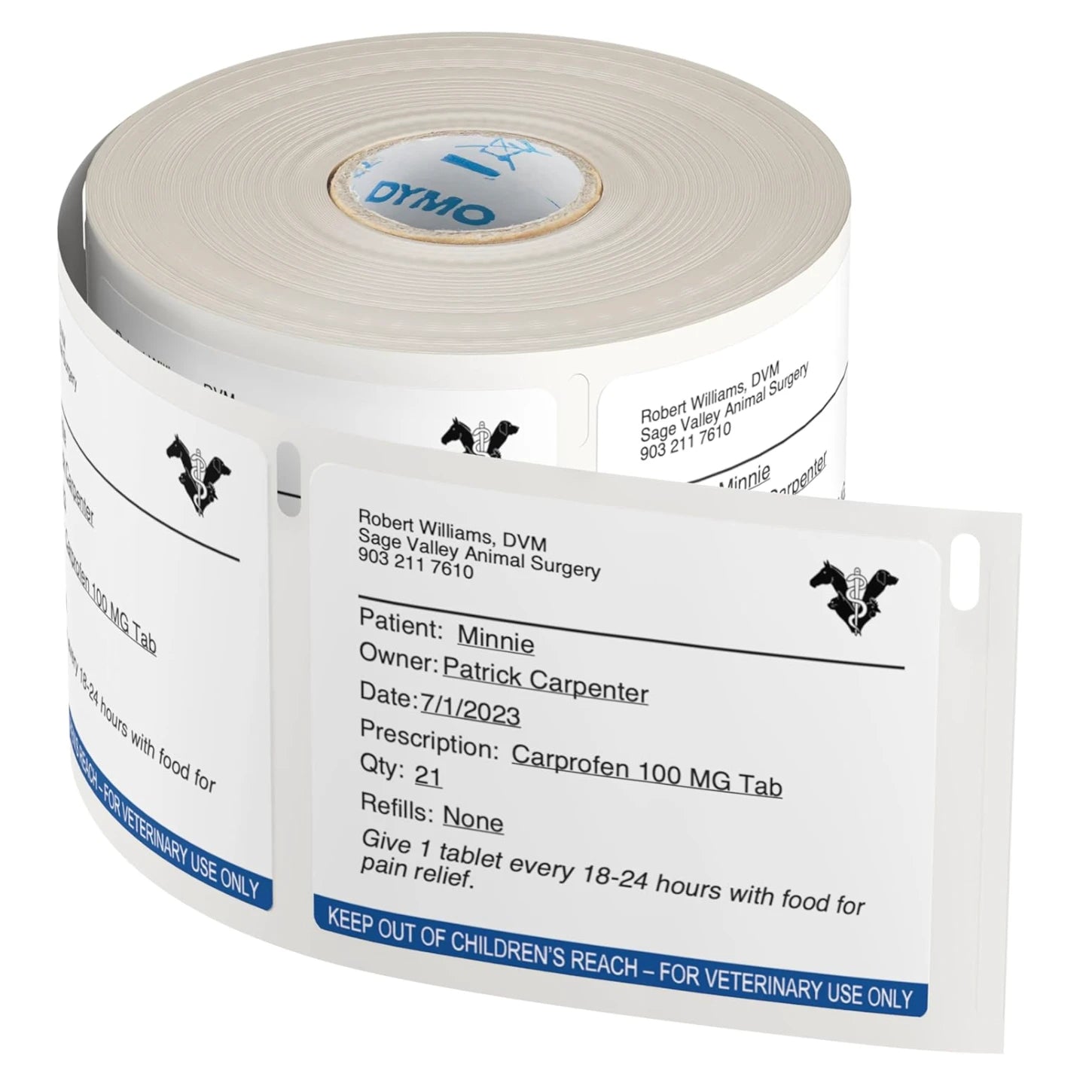 Roll of Dymo pre-printed veterinary labels showing the bold For Veterinary Use Only caution strip and open space for patient details.