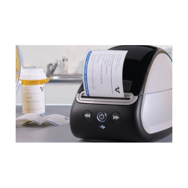 Dymo LabelWriter printer feeding out a printed veterinary prescription label carrying patient, medication and practice details.