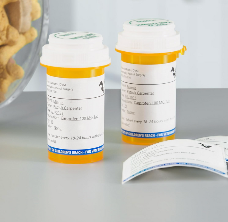 Two amber dispensing bottles wearing completed Dymo veterinary labels displaying patient and medication details for easy reading.