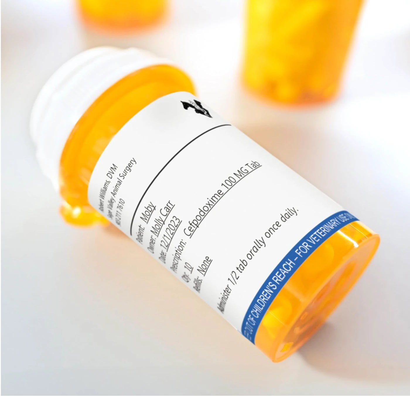 Close up of a dispensing bottle with a completed Dymo veterinary label showing dosage directions beneath the printed caution strip.