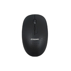 Dynamic Technology M1702 black wireless mouse viewed from above, showing the scroll wheel, a small button behind it and the dotted top shell