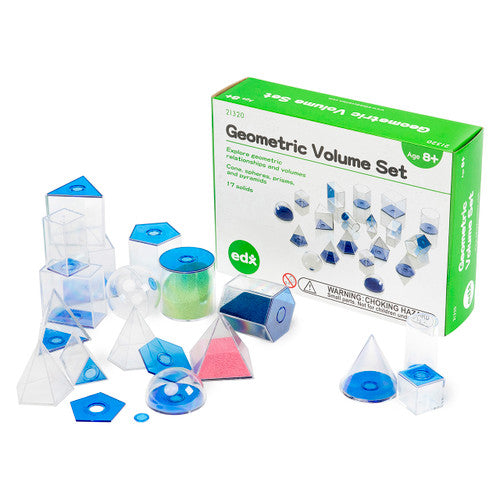 EDX Education 5cm Geometric Volume Set showing 17 plastic solids with lids including prisms, pyramids, sphere, and cone