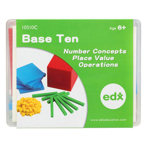 EDX Education Base Ten Four Colour plastic container with 100 cubes, 10 rods, 10 flats and 1 block laid out on a flat surface