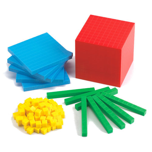 Close-up of Base Ten plastic blocks in four colours stored in a plastic container for classroom maths activities