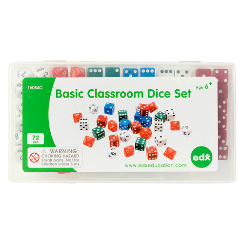 EDX Education Basic Classroom Dice Set showing 72 pieces in a sturdy plastic container