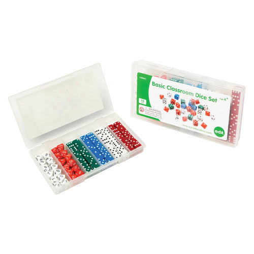 Close-up of 16mm dot dice in four colours from the EDX Education classroom dice set