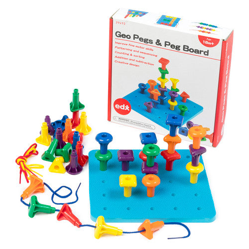 EDX Education Geo Pegs and Peg Board set with 36 colourful stackable pegs and 21cm square base board