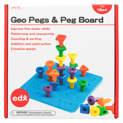 Close-up of stackable giant pegs in six bright colours and three shapes arranged on the peg board