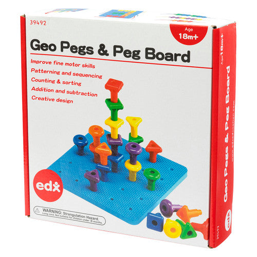 Child using laces through the bottom holes of the geo pegs for lacing activities