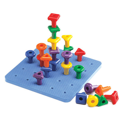 Full contents of the EDX Education Geo Pegs set including pegs, base board, and laces