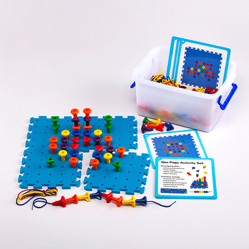 Close-up of geo pegs in six colours alongside activity cards and laces from the EDX Education peg board set